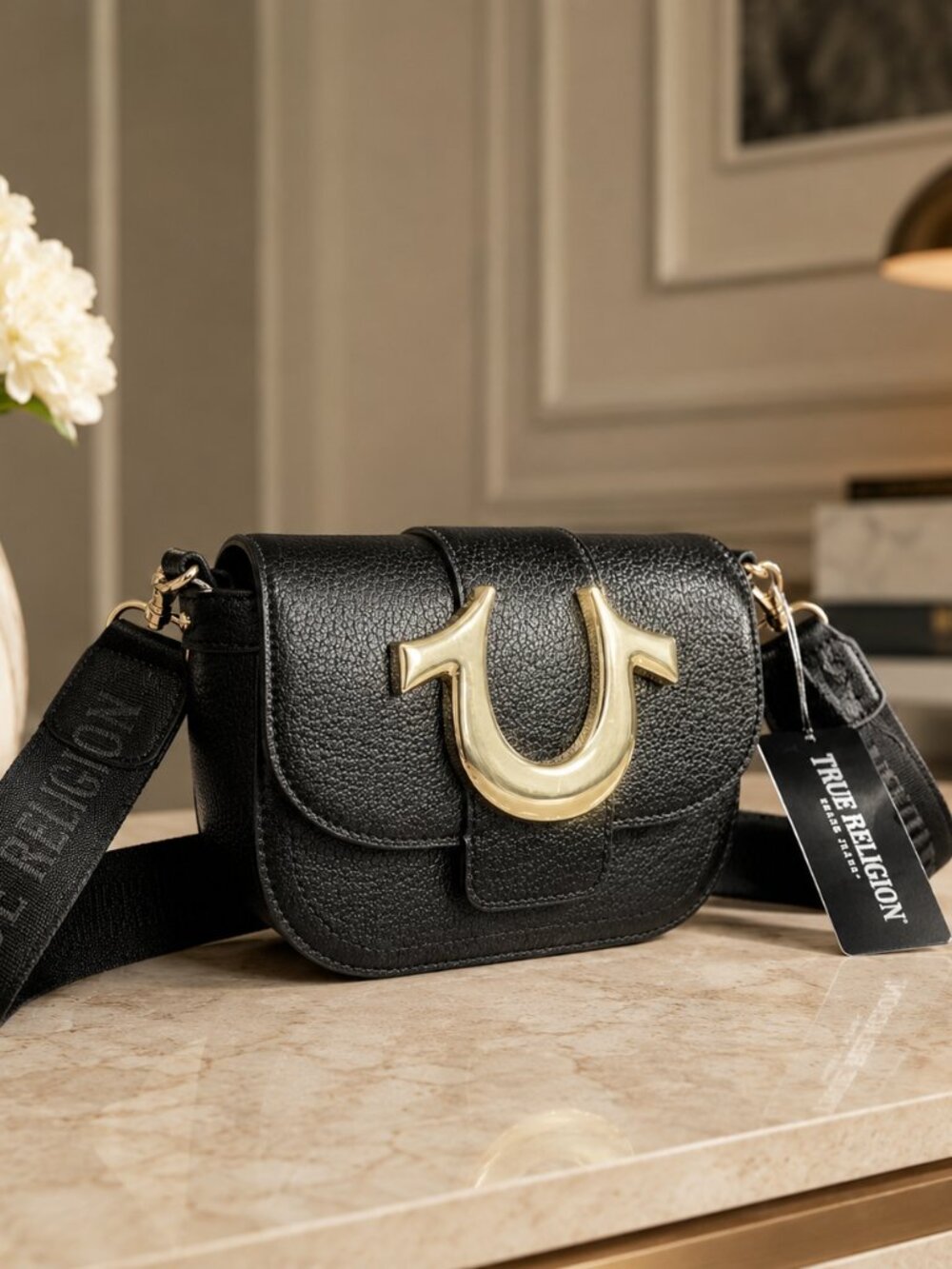 True Religion Mini Flap Crossbody Black Gold Logo Bag NWT